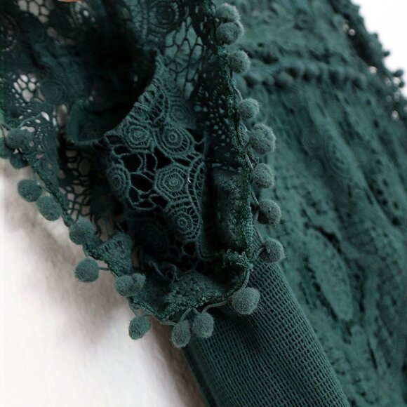 Tularosa Revolve Clayton Tunic Mini Dress L Hunter Green Pom Pom Trim Lace $210 - Picture 11 of 16